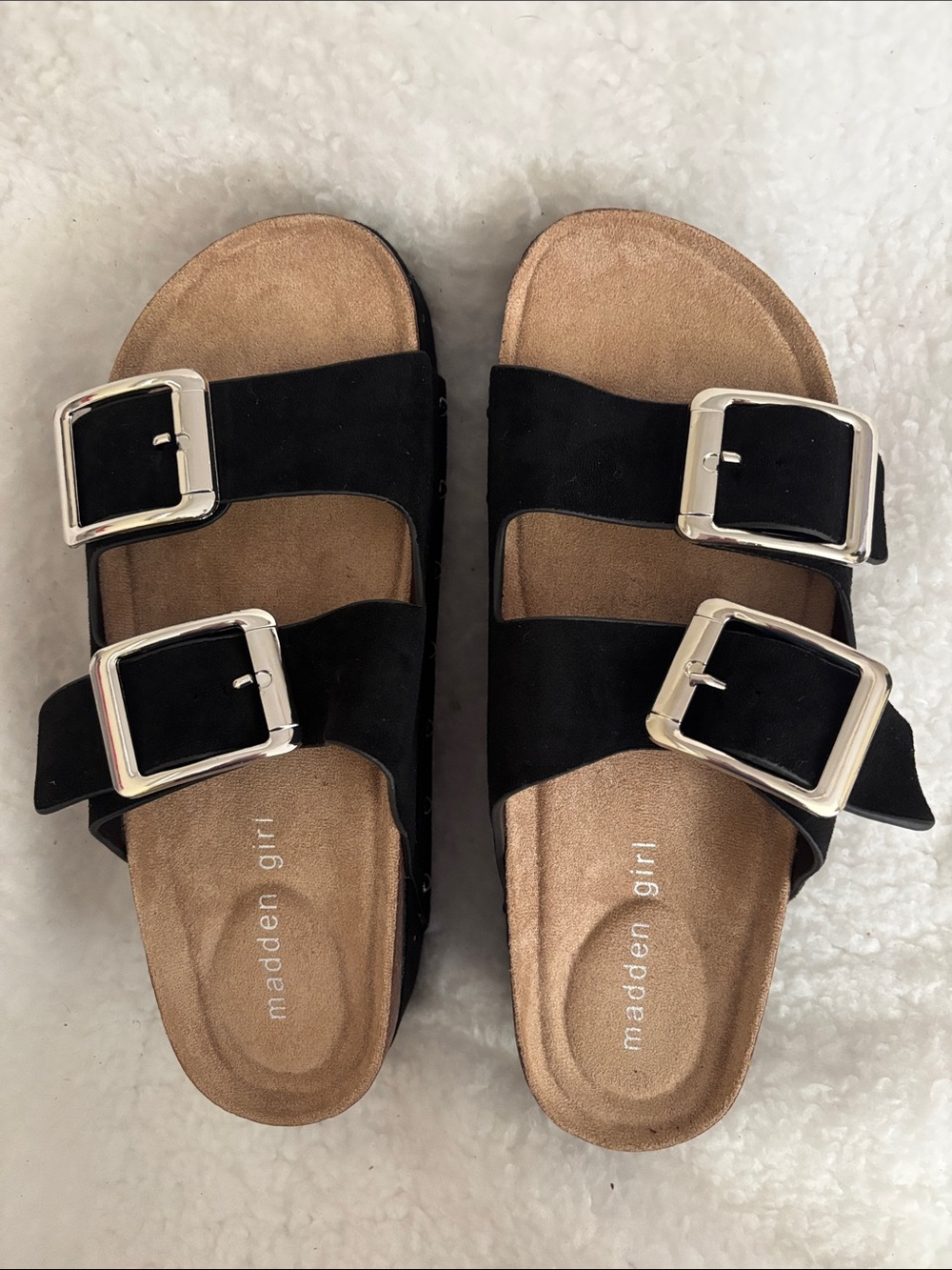 Madden Girl Black Double-Buckle Suede Slide Sandals